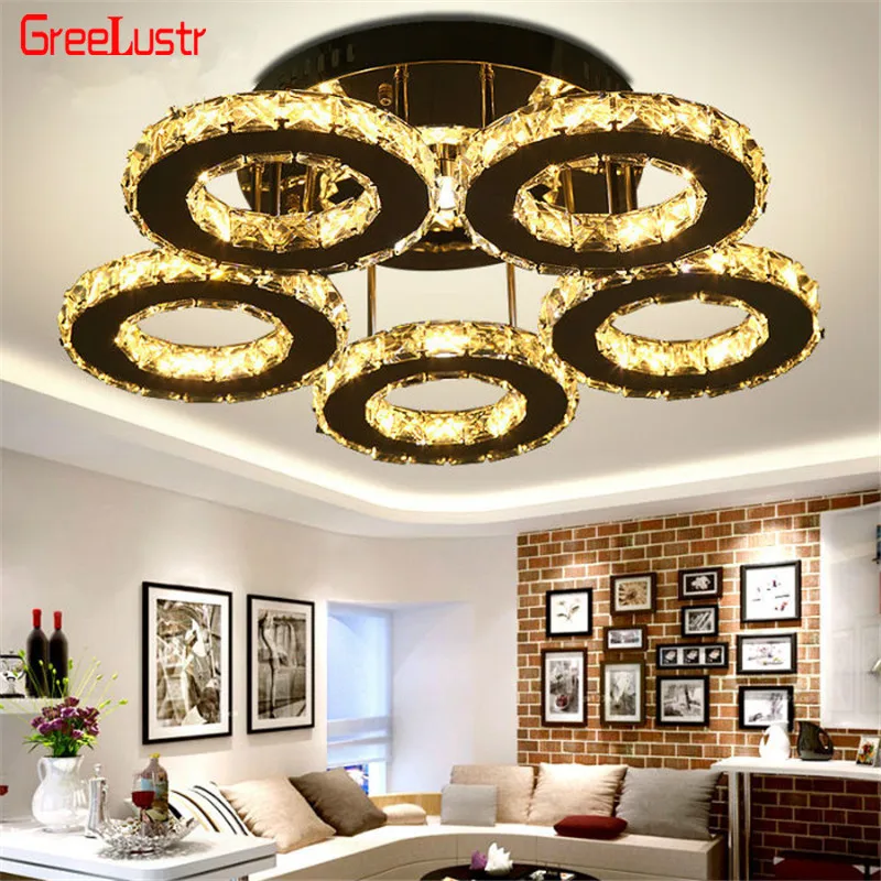 

5 Rings Crystal Led Chandeliers Ceiling Mirror Stainless Steel Lustre Cristal For Kitchen Study Luminarias Para Teto Fixtures
