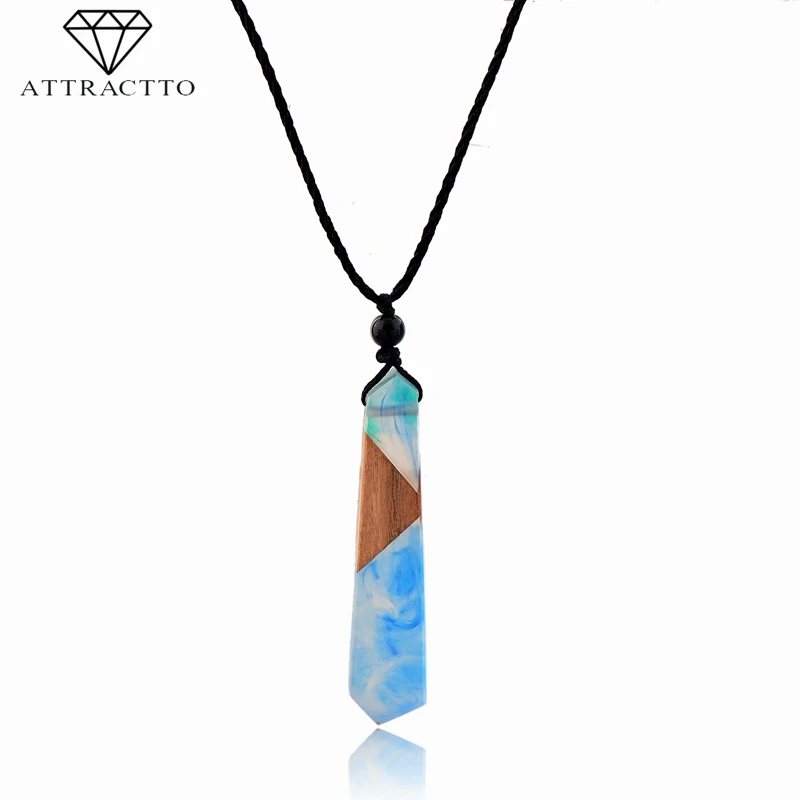 ATTRACTTO Hot Sale Blue Handmade Wood Necklace Pendants Charms For Women Necklaces Statement Natural Stone SNE190036 | Украшения и