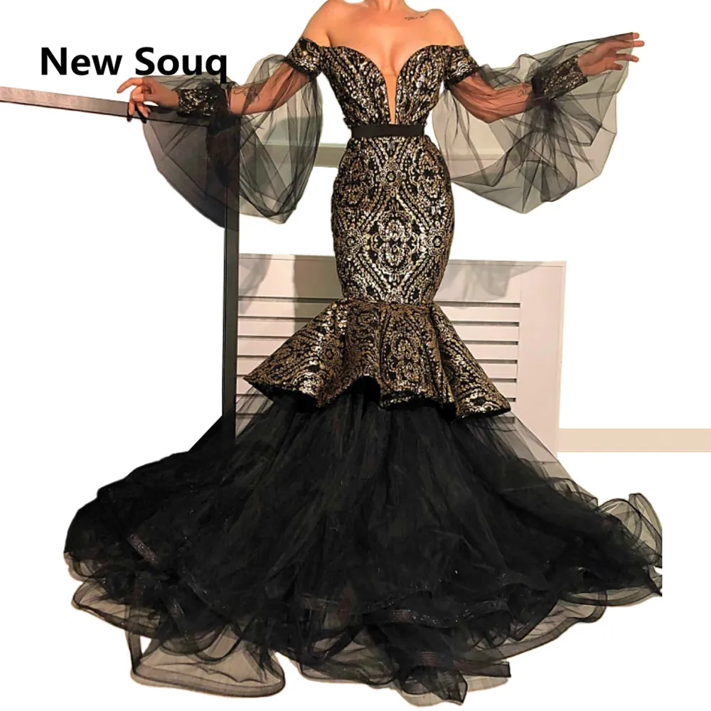 

Off Shoulder Black Mermaid Prom Dresses Long Sleeves Lace Evening Dress Party Gown Kaftan Formal Prom Dress vestido de gala