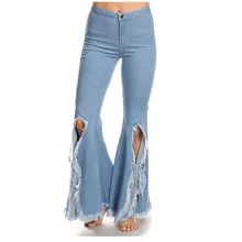 Длинный разрез кисточкой разорван нерегулярный расклешенные джинсы Высокая Талия Длинные Джинсовые брюки Модные расклешенные Повседневное джинсовые штаны