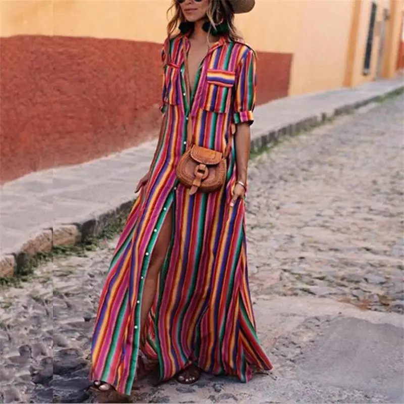 

TYJTJY Women maxi dress striped retro boho style 2019 summer dress long shirt dress party female elegant dress plus size XXXL