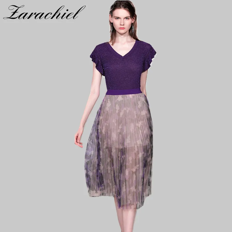 

2019 New Fall Women Fashion Purple Butterfly Sleeve V-Neck Knitted Top + Flower Print Long Mesh Skirt Set Casual Two-piece Set