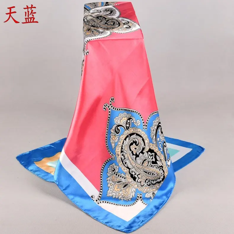Женский шелковый шарф в китайском стиле темно-синего и розового цвета, шаль, зимние брендовые квадратные атласные шарфы, шарфы, шарфы на весну и осень, 90*90 см - Цвет: Синий