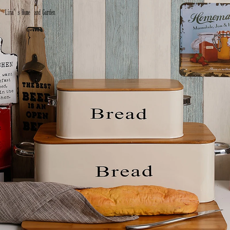 

Set of 2 Pieces Powder Coat Cream Bread Storage Box with Bamboo Lid