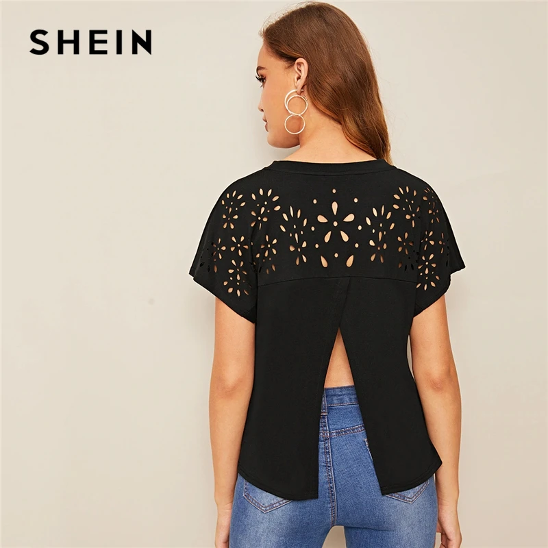 

SHEIN Black Laser Cut Overlap Back Solid T Shirt Top Women Summer Solid Tee Round Neck Split Workwear Casual Tops T-shirts