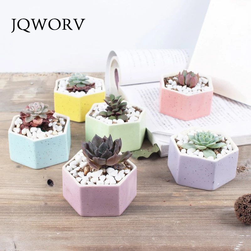 

JQWORV Small fresh fleshy flower pot ceramic macarons rainbow thumb pot green planting desktop ornaments planter