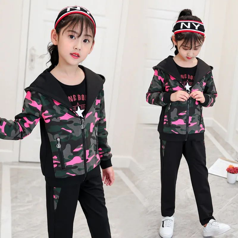 

Kid Girl Spring Autumn Tshirt + Hooded Coat + Pants 3Pcs Clothes Set Long Sleeve Camouflage Cotton Outfit Clothing 5-13 Year Old