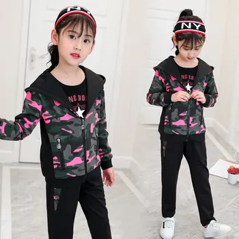 

Kid Girl Spring Autumn Tshirt + Hooded Coat + Pants 3Pcs Clothes Set Long Sleeve Camouflage Cotton Outfit Clothing 5-13 Year Old