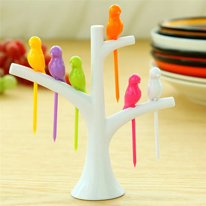 Fruit Fork Reusable Kawaii Bird On The Tree Fruit Fork Tableware Multiple Use Snack Cake Dessert Forks For Party 35JY1514