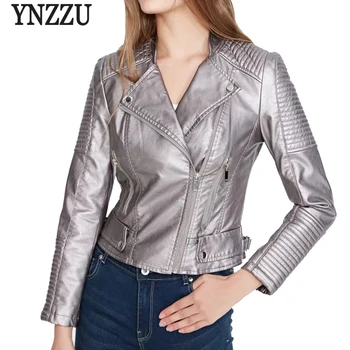 

YNZZU 2018 Autumn Women Leather Jacket Solid PU Chic Long Sleeve Motorcycle Coat Jacket Women Streetwear casaco feminino YO548