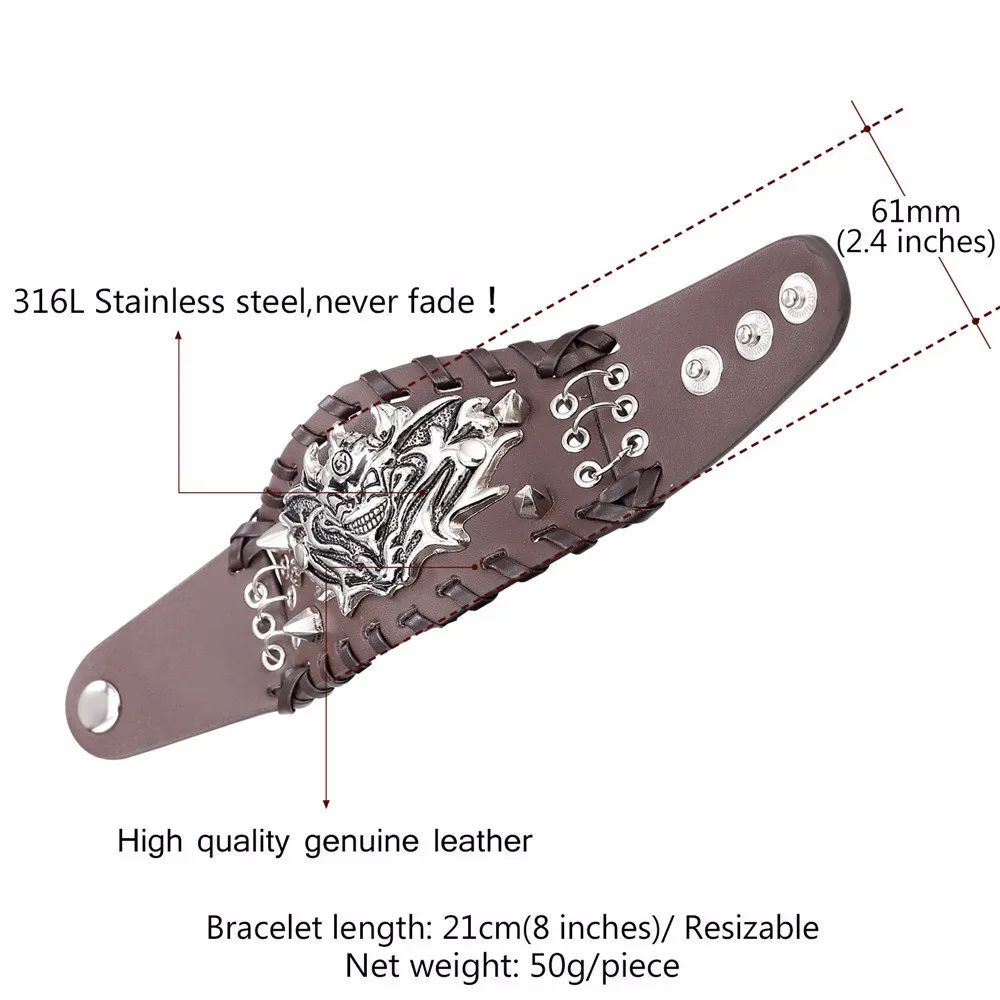 Мужской браслет высокого качества из натуральной кожи с заклепками коричневый и черный индийский Африканский панк-браслет и браслет H1966G