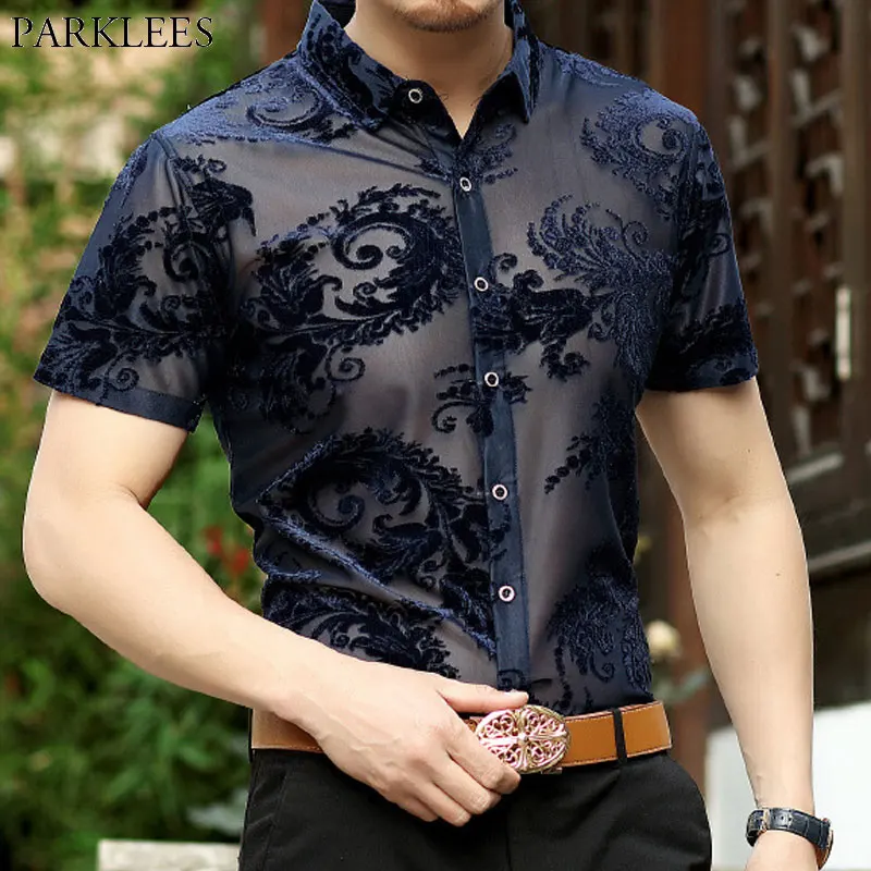 Paisley Floral Lace Shirt Men Club Party Prom Sexy Transparent Male