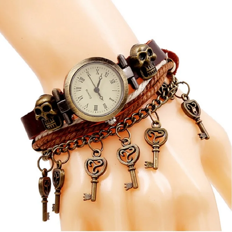 Gnova Platinum Top Genuine Leather Bracelet Quartz Watch Bronze Skulls Small Keys charm Chain Fashion Punk Wristwatch A916 | Наручные