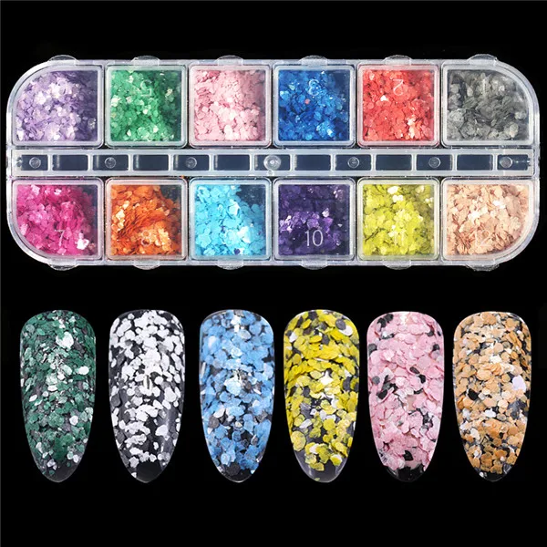 1 коробка, акриловые блестки для ногтей, художественные блестящие хлопья, звездное сердце, Переводные картинки Микки, 3D украшения для ногтей, аксессуары для маникюра, инструменты - Цвет: marble nail powder