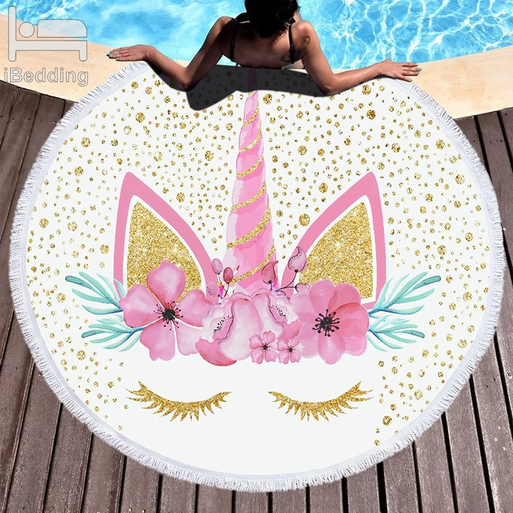 Rainbow Floral Unicorn Horn Beach Blanket Microfiber Printed 150cm Round BeachTowel With Tassels Dropshipping | Дом и сад
