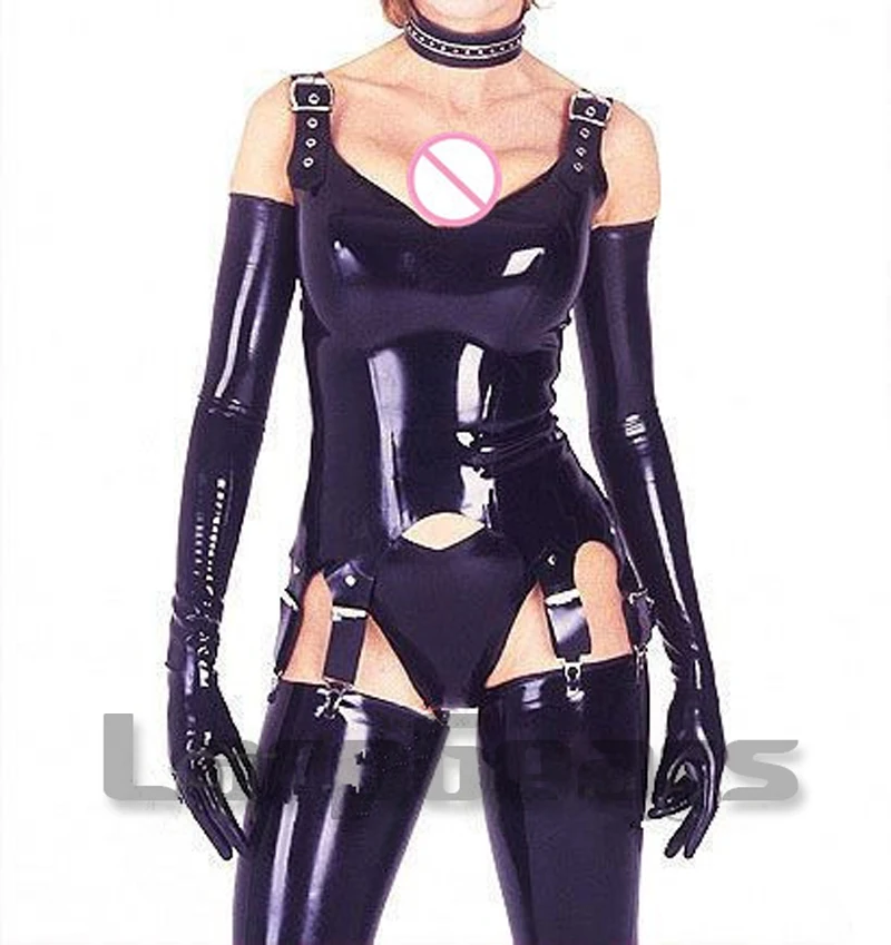 

Handmade Four Piece Black Latex Women's Sexy Clothing Rubber Coat with Suspender Garter Belt