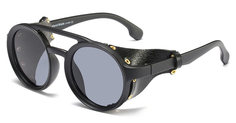 Peekaboo, боковая защита, солнцезащитные очки, мужские, Круглые, Ретро стиль, черные, стимпанк, солнцезащитные очки для женщин,, заклепки, uv400, желтые, летние - Цвет линз: matte black