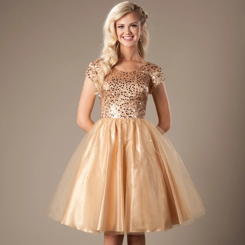 

Gold Sequins Tulle Short Modest Prom Dresses 2019 Cap Sleeves A-line Knee Length Juniors Cocktail Prom Party Dresses Fast Ship