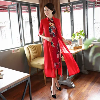 

Shanghai Story 2018 2 Pieces Set Qipao Long Chinese Dress Chiffon Oriental style dress Short Sleeve Cheongsam for Woman