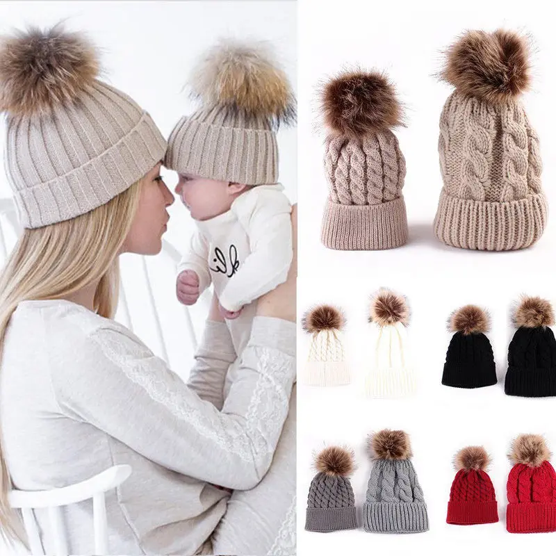 

2018 Fashion Lovely 2PCS Mother Kid Baby Child Warm Winter Knit Beanie Fur Pom Hat Crochet Ski Cap 5 Style Outfit 0-1Y Baby