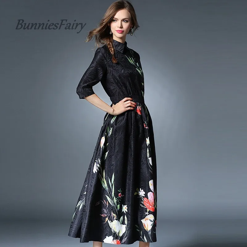 BunniesFairy Осень и зима высокого класса Королевский стиль отложной воротник тонкая талия цветочный принт Макси длинное платье халат Vestidos