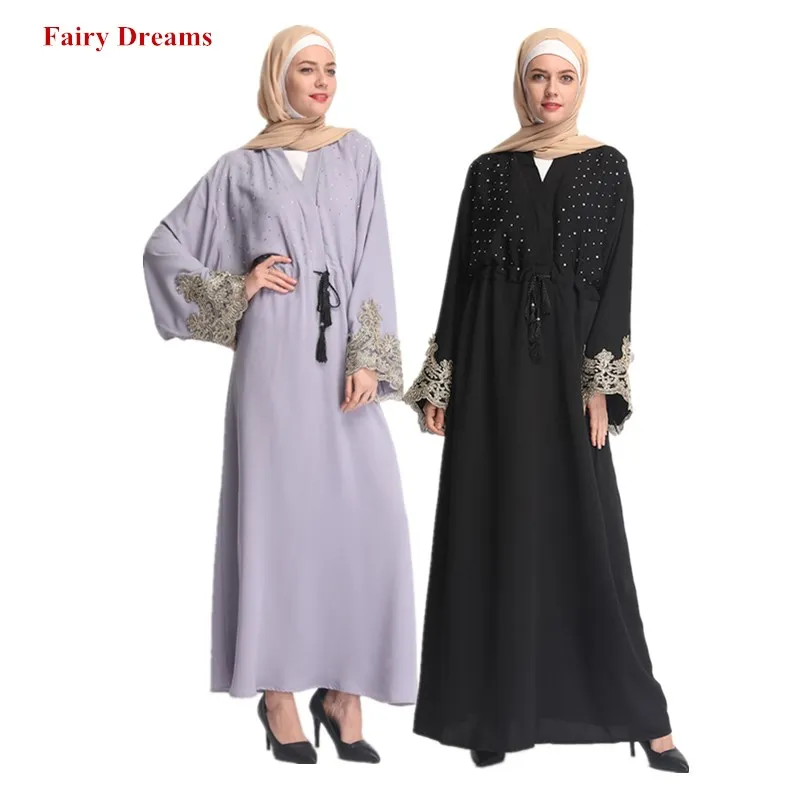 

Black Grey Abaya Turkish Dubai Women Beaded Muslim Cardigan Kimono Bangladesh Long Robe Hijab Kaftan Caftan Islamic Clothes 2019