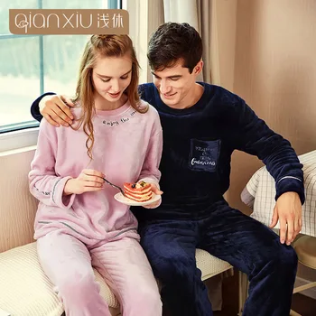

Qianxiu Winter Pajamas Men Thick Flannel Pajama Sets Warm Sleepwear Letter printing Man Casual Home Clothes Couple pajamas