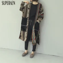 SuperAen, осень и зима, новинка, Женское шерстяное пальто, повседневное, свободное, длинное пальто, женское, с разрезом, с кисточками, кардиган, шерстяное пальто