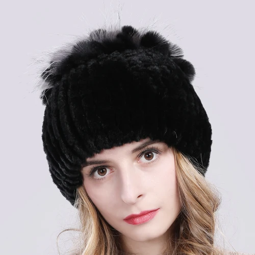 Women Natural Real Rex Rabbit Fur Beanies Hats Winter Warm Knitted Rex Rabbit Fur Caps New Female With Fox Fur Skullies Hat - Цвет: color 21