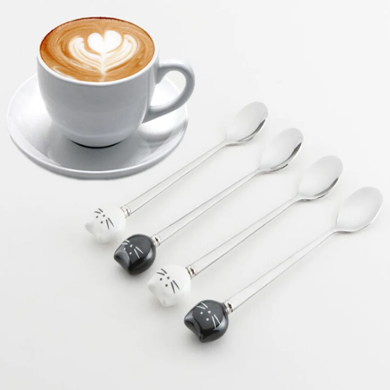 

New 2Pcs Stainless Steel Coffee & Tea Spoon Mini Cat Long Handle Creative Spoon Drinking Tools Kitchen Gadget Flatware Tableware
