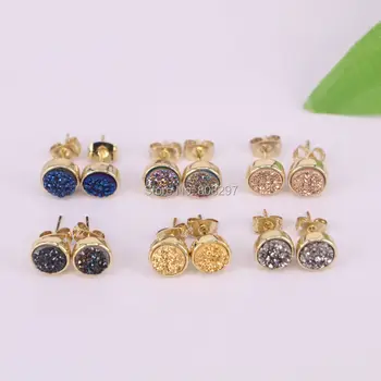 

6pair Gold Color 10mm Round Natural Titanium Stud Earrings Gem stone Earring