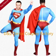 Free Shipping DHL Printing Blue Lycra Zentai Superman Halloween Costume With Red Cloak SH1736