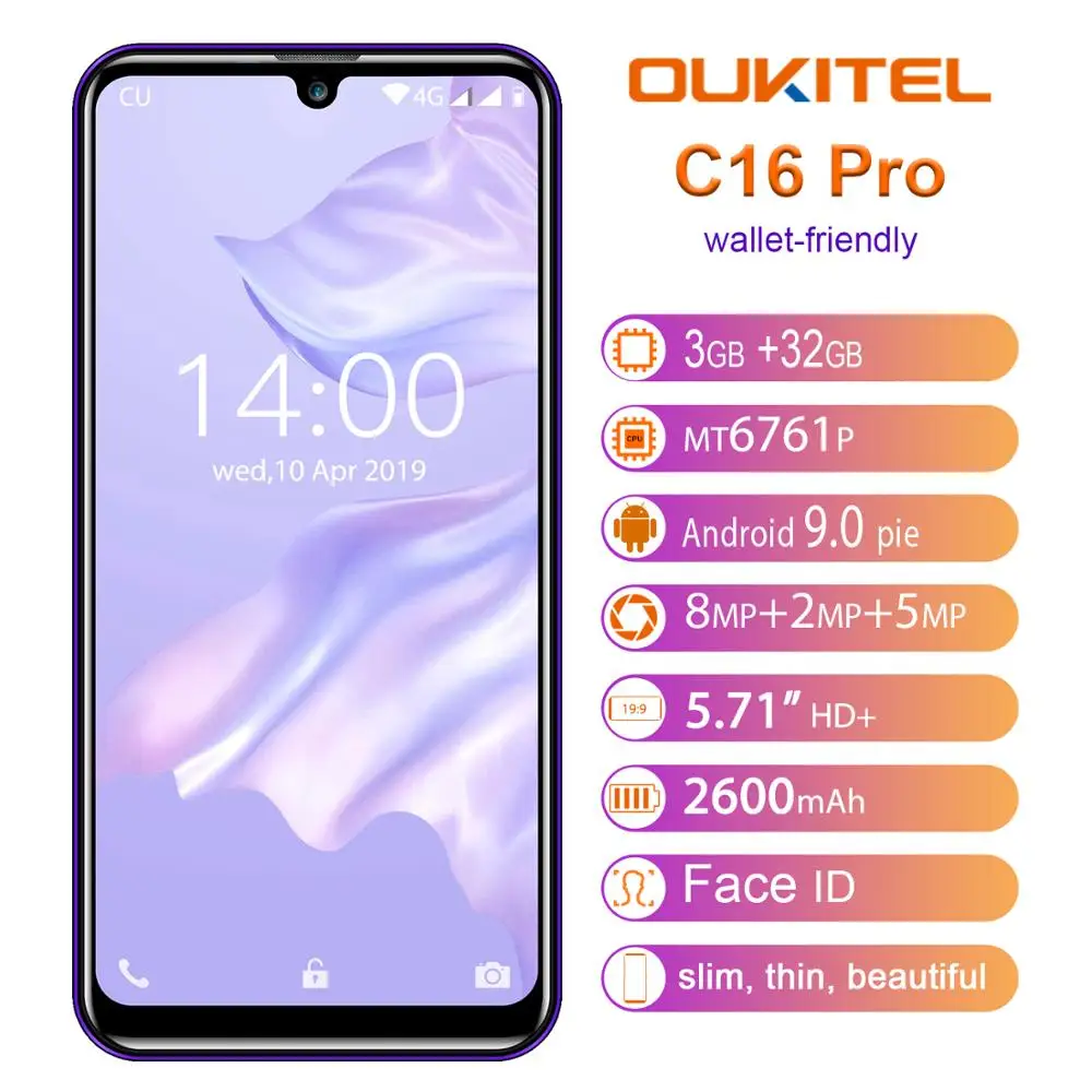 Продажа Смартфон OUKITEL C16 Pro, 3 ГБ, 32 ГБ, LTE, 2600 мА ч, мобильный телефон с функцией распознавания лица, MTK6761P, четырехъядерный, 5,71 дюймов, экран капли воды, 19...