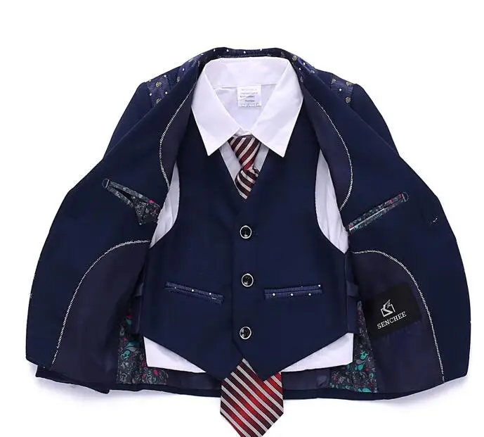 

4 Pieces Fashion Deep Navy Blue Stripes Boys Formal Suits Weddings Children Dress Suits For Italian Boys Blazer+Pants+Vest+Tie