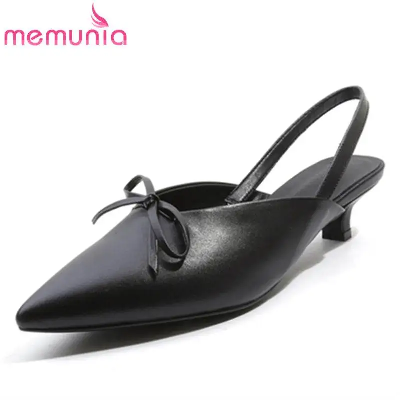 

MEMUNIA 2020 NEW fashion pointed toe bowknot sandals women genuine leather elastic band med heels shoes casual shoes SIZE 34-42
