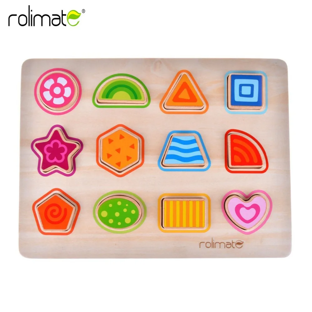 rolimate Wooden Shape Sorting Geometric Chunky Math Puzzle Preschool