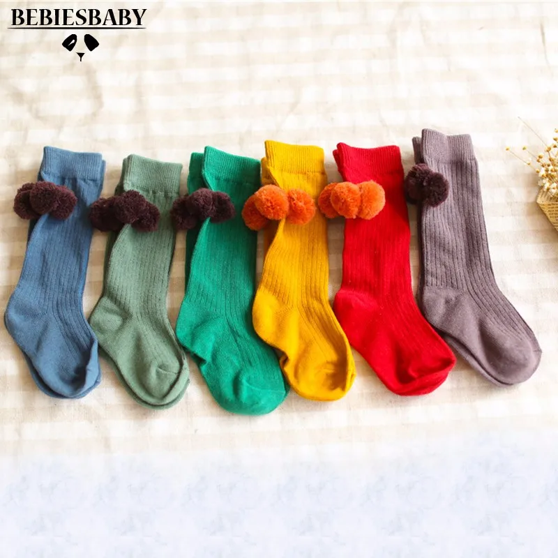 Baby Cotton Socks With Pom Pom Newborn Boys Ins Kids Keep Warm Socks Girls MiddleKnee Socks 0-5Years Size with Candy 6 Colors (2)