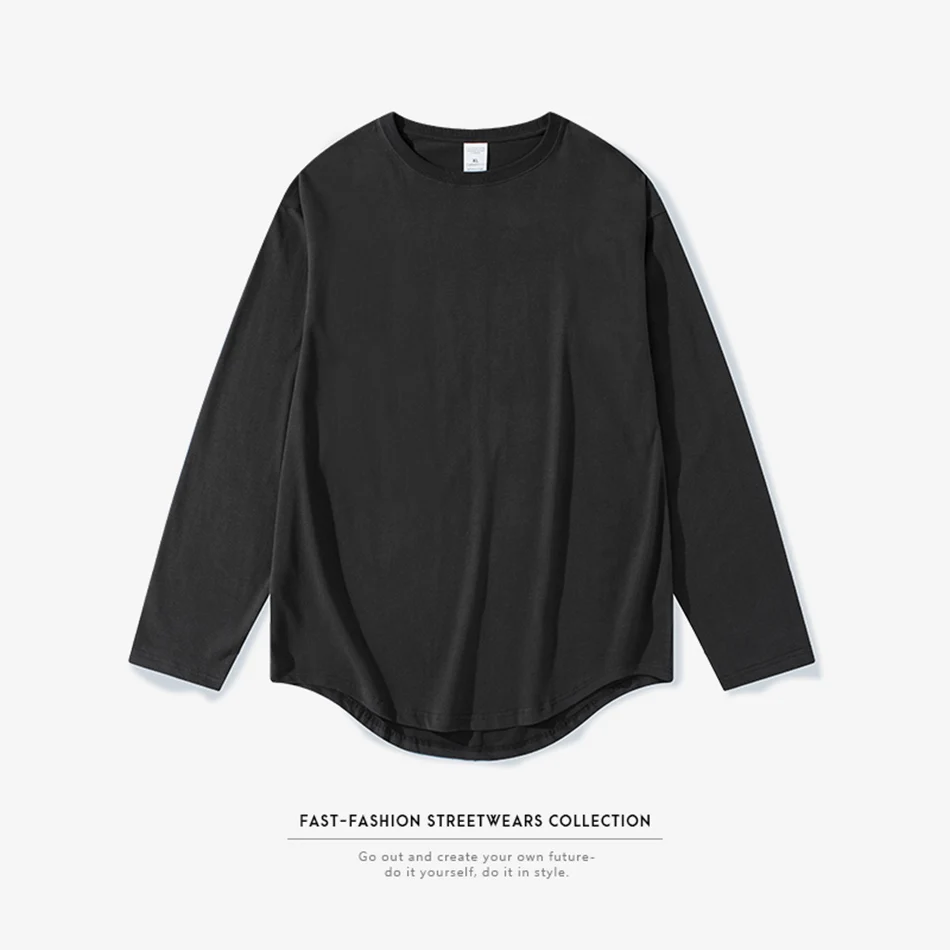 

5 Color New Tide Cotton Oversize Men's T-shirt Round Neck Long Sleeve Curved Hem Loose T Shirts Black White High Street T-Shirts
