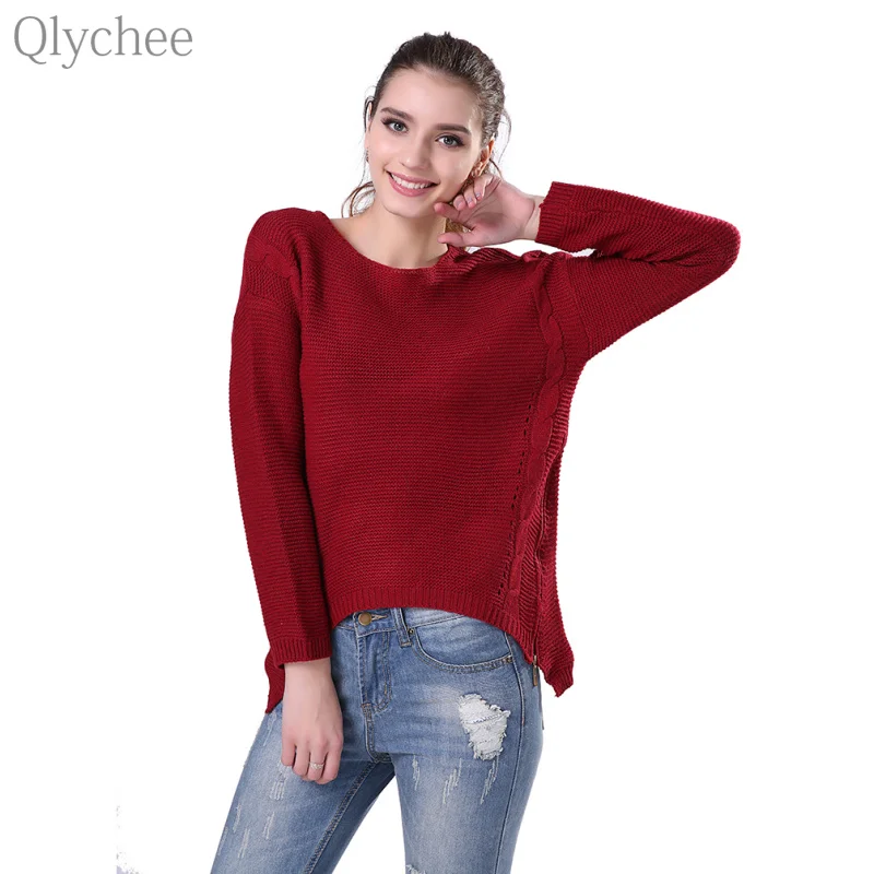 Qlyhcee Winter Women Sweater Side Zipper Irregular Hem Knitted Sweater