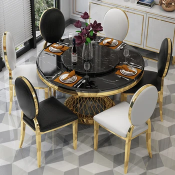 Conjunto de comedor de acero inoxidable, muebles minimalistas modernos de mármol, mesa de comedor y 4 sillas, mesa de jantar