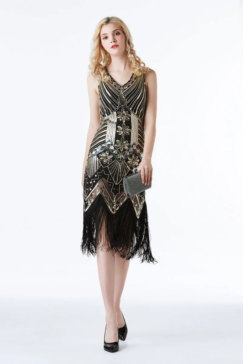 EDressU, женское платье с бахромой, 1920 s, винтажное платье Гэтсби, Хлопушка, кисточка, вечернее платье, Robe de Soiree Vestidos CZ-LF01 - Цвет: Черный