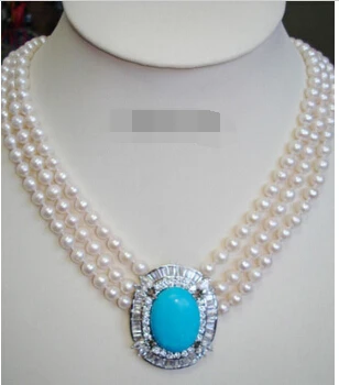 

zj 00017 3 Rows Real White Pearl 18KWGP Crystal Turquoise Pendant and Necklace