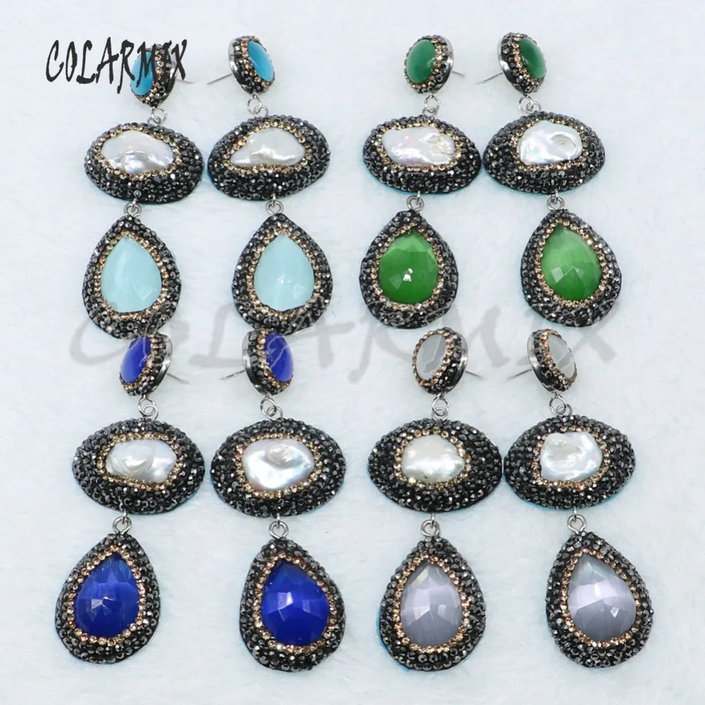 

4 Pairs Mix color stone & pearl earrings pave rhinestone earrings long Drop earrings hollow round gift for lady 4885