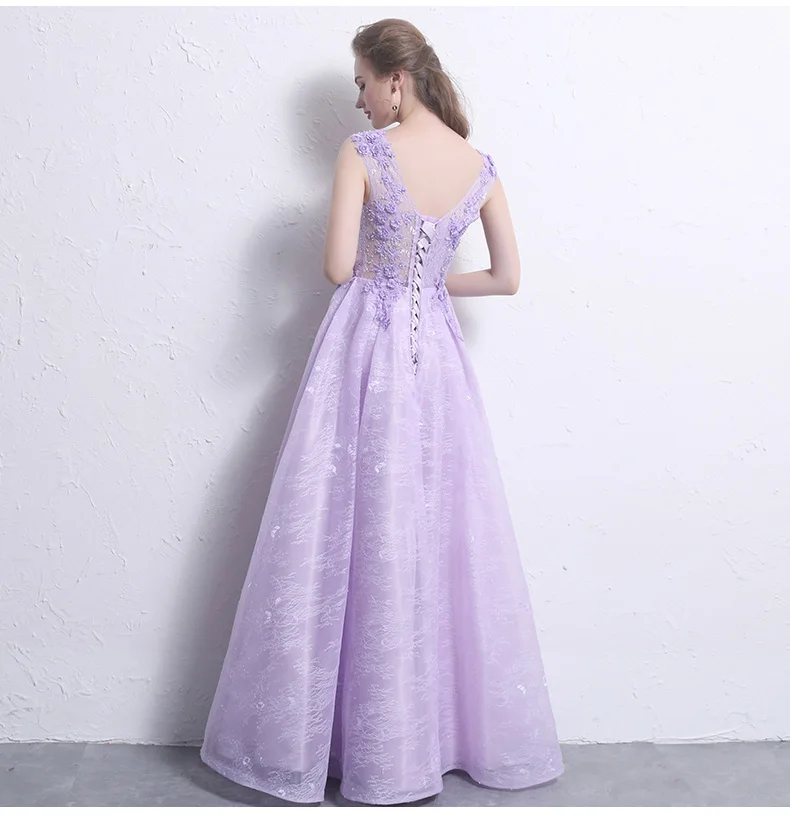 Light Purple Evening Dresses Long 2019 New Elegant V-Neck Lace Flower Floor-length Evening Gowns Robe De Soiree Avondjurk