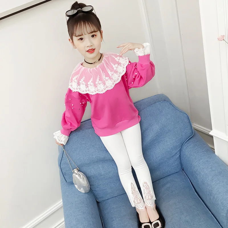 

Girls tshirts 2019 Spring Girls cotton tops Fashion Lace collar t-shirts Kids clothes Teenager tshirt girls Age for 4-13years