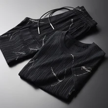 Minglu летние мужские комплекты размера плюс с принтом морщин Ткань спортивные с коротким рукавом мужские Наборы Высокое качество теленок Длина брюки мужские наборы