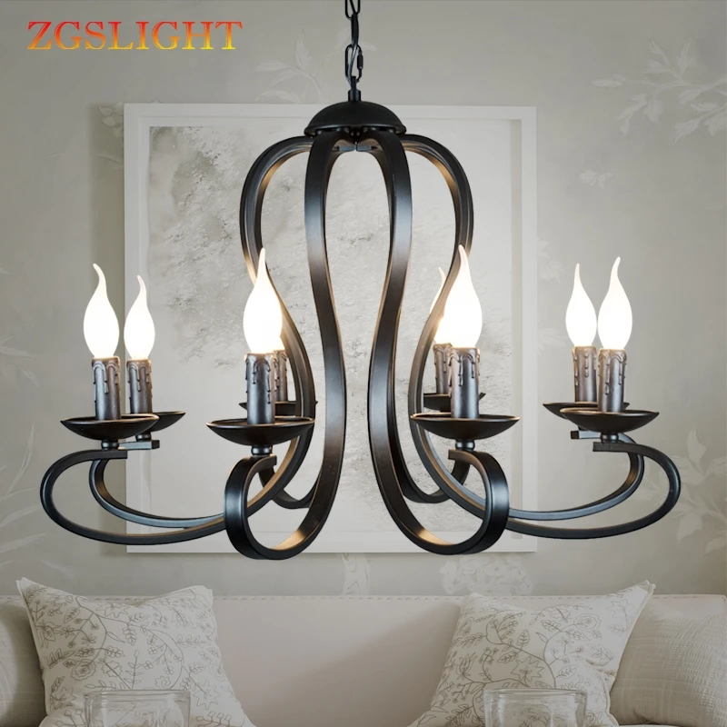 

Retro American country style modern candle Chandelier lighting Fixtures Vintage white/black wrought Iron Home Lighting E14