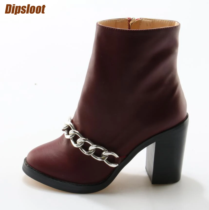 

2017 Newest Chain Front Women Chunky Heel Boots Round Toe Ladies Fashion Martin Boots Zipper Side Knight Style Ankle Boots