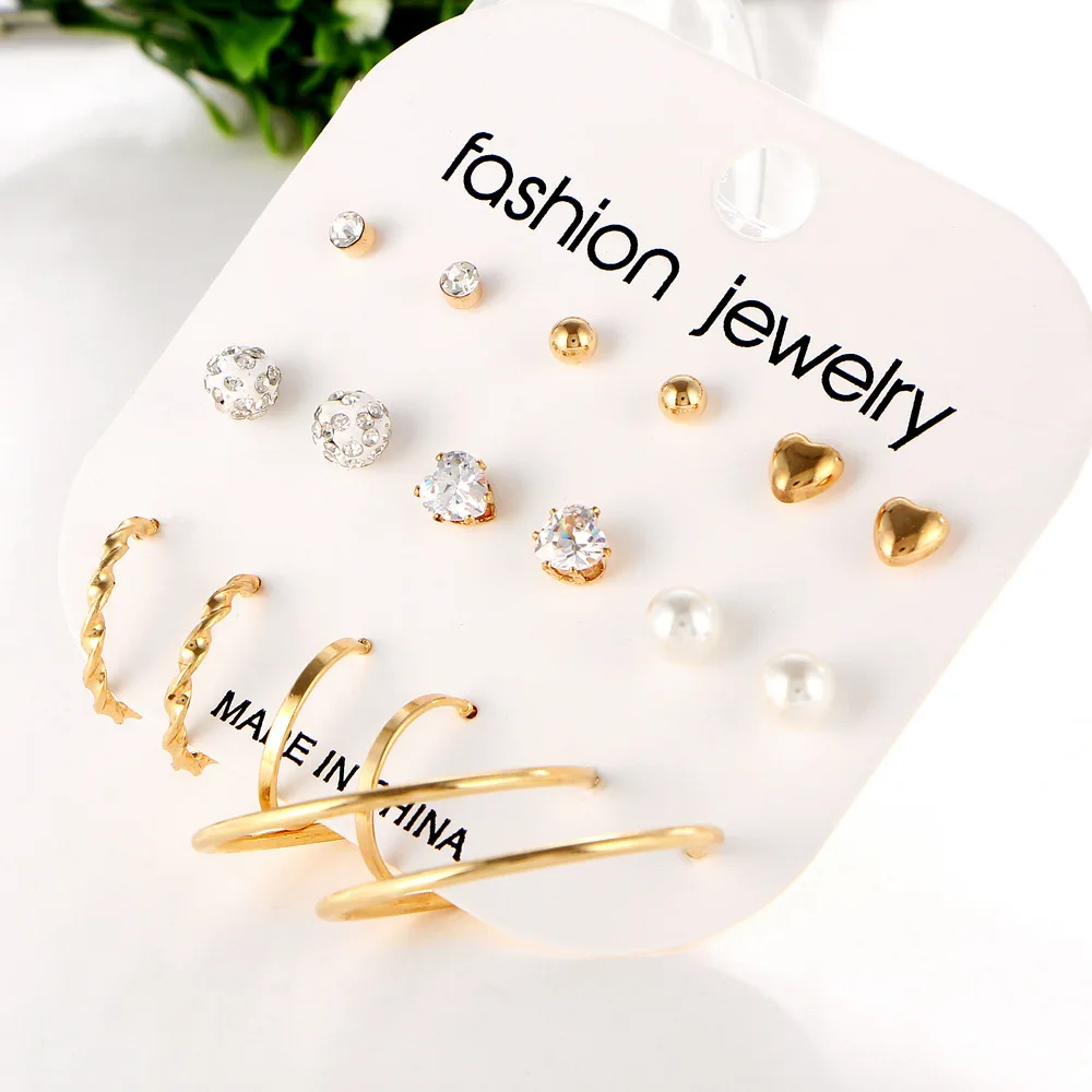 

SUKI 9 Pair/Set Women Square Crystal Round Ball Stud Earrings Set for Women Girls Piercing White Pearl Earrings Jewelry Gift
