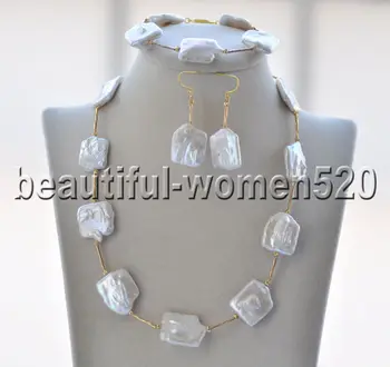 

Z9002 23mm Square coin White Keshi Pearl Necklace & Bracelet & Earrings sets